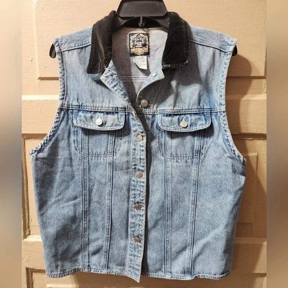 HGNY International Blues New York Vintage Denim Velvet Collared Button Up Vest